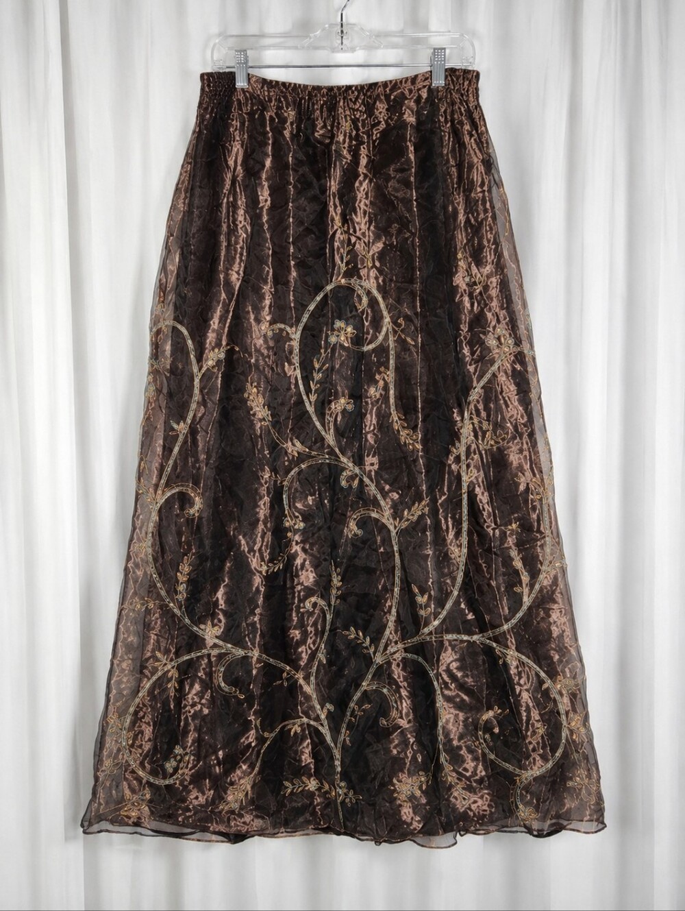 Patra Bronze Metallic Sheer Organza Overlay Embroidered Beaded Floral Maxi Skirt